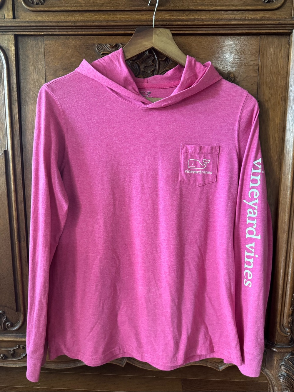 Vineyard Vines Pink Hooded Long-Sleeve Tee with Pocket and Sleeve Logo